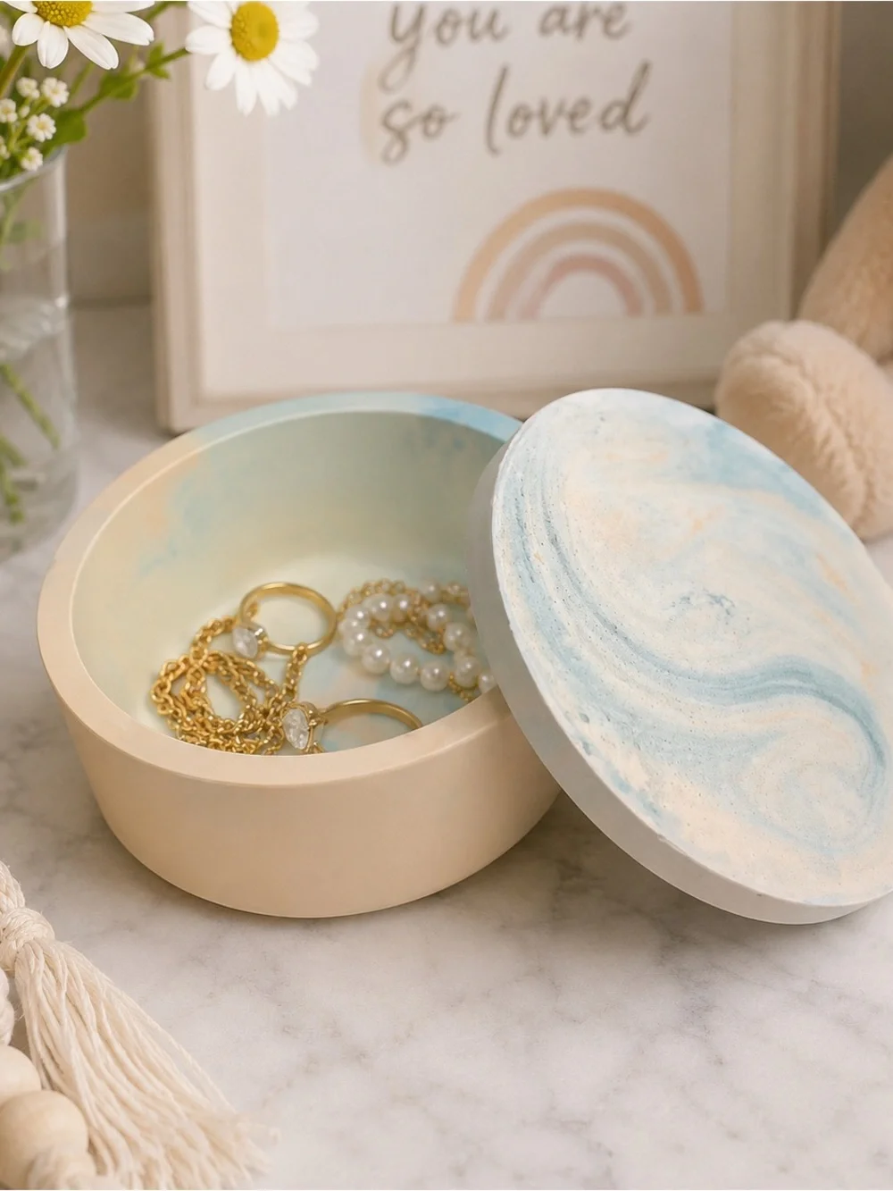 Coastal Swirl Ceramic Jewelry, Catchall Bowl in Blue and Cream